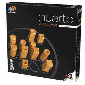 Boîte pour le jeu de société Quarto Access, montrant un cylindre en bois et des pièces de jeu carrées sur un plateau circulaire. La boîte noire comporte le logo du jeu, la recommandation d'âge (8+) et le nom du créateur (Blaise Muller).