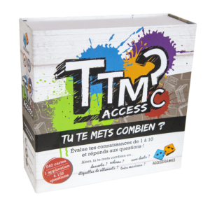 Une boîte de jeu de société colorée intitulée TTMC ? ACCESS avec des graphismes en forme d'éclaboussures de peinture, des dés et des cartes. Le texte en français pose la question suivante : "Tu te mets combien ?" et décrit comment évaluer ses connaissances de 1 à 10 en répondant à des questions.