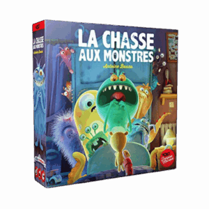 Une boîte de jeu de société colorée intitulée « La Chasse aux Monstres » représente des monstres de dessin animé aux expressions amusantes dans une chambre d'enfant ; le logo du jeu et le nom d'Antoine Bauza figurent sur la couverture.