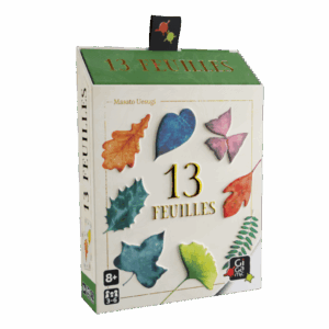 La boîte de 13 « Feuilles » présente des illustrations colorées de feuilles et de papillons sur fond blanc. Ce jeu est destiné à 2 à 6 joueurs âgés de 8 ans et plus. Une languette verte ornée d'une illustration de feuille est placée en haut de la boîte.