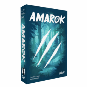 Une boîte de jeu de société pour Amarok, ornée de traces de griffes sur le devant et d'un fond illustré représentant une forêt dans des tons de bleu foncé et de vert.