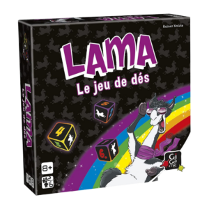 Boîte colorée pour le jeu de société « LAMA Le jeu de dés », illustrée d'un lama de dessin animé portant des lunettes de soleil, avec des dés, un arc-en-ciel et des éléments graphiques ludiques. À partir de 8 ans, pour 2 joueurs ou plus.