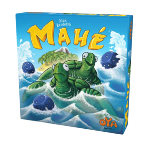 Boîte de jeu de société colorée pour « Mahé », représentant deux tortues de dessin animé surfant sur les vagues, accompagnées de dés ludiques et d'une île en arrière-plan. Les noms des artistes et des éditeurs figurent sur la boîte.
