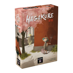 Boîte du jeu « Hagakure » représentant un cerisier en fleurs, un personnage coiffé d'un chapeau tenant une fourche, ainsi qu'un autre personnage en costume traditionnel près d'un bâtiment. Le titre est écrit en blanc et en rouge sur un fond marron.