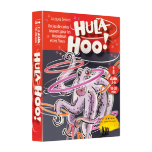 Une boîte rouge du jeu de cartes « Hula Hoo ! », sur laquelle figure une pieuvre violette illustrée faisant tourner des anneaux. Le texte figurant sur la boîte est en français et fournit des informations sur le jeu : 2 à 6 joueurs, à partir de 8 ans, durée : 10 à 20 minutes.