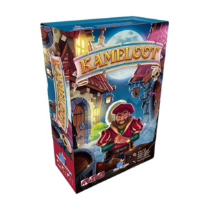 Boîte du jeu de société « Kameloot » représentant un personnage de dessin animé en tenue médiévale, debout dans un village la nuit, sous une pleine lune et à la lueur des lanternes. Le titre du jeu est inscrit en lettres colorées et en gras en haut de la boîte.