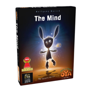 Boîte du jeu de cartes « The Mind » ornée d'un lapin de dessin animé lumineux. La boîte mentionne plusieurs distinctions, notamment une nomination au Spiel des Jahres 2018 et le prix As d'Or Cannes 2019. Le texte en français indique : « Ne faisons qu'un... ».