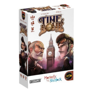 Boîte du jeu de société « Time Bomb » représentant des personnages illustrés s'affrontant, avec Big Ben en arrière-plan. Le texte indique « Moriarty vs Sherlock » ; le jeu est prévu pour 4 à 8 joueurs âgés de 8 ans et plus, et dure 15 minutes.
