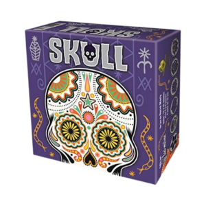 Une boîte violette pour le jeu « Skull », ornée sur le devant d'un motif décoratif coloré représentant un crâne en sucre, avec des motifs complexes, des fleurs et des symboles.