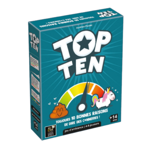 Boîte du jeu de société français « Top Ten » représentant un compteur, une licorne et un emoji en forme de caca, avec la mention « à partir de 14 ans » et « pour 4 à 9 joueurs ».