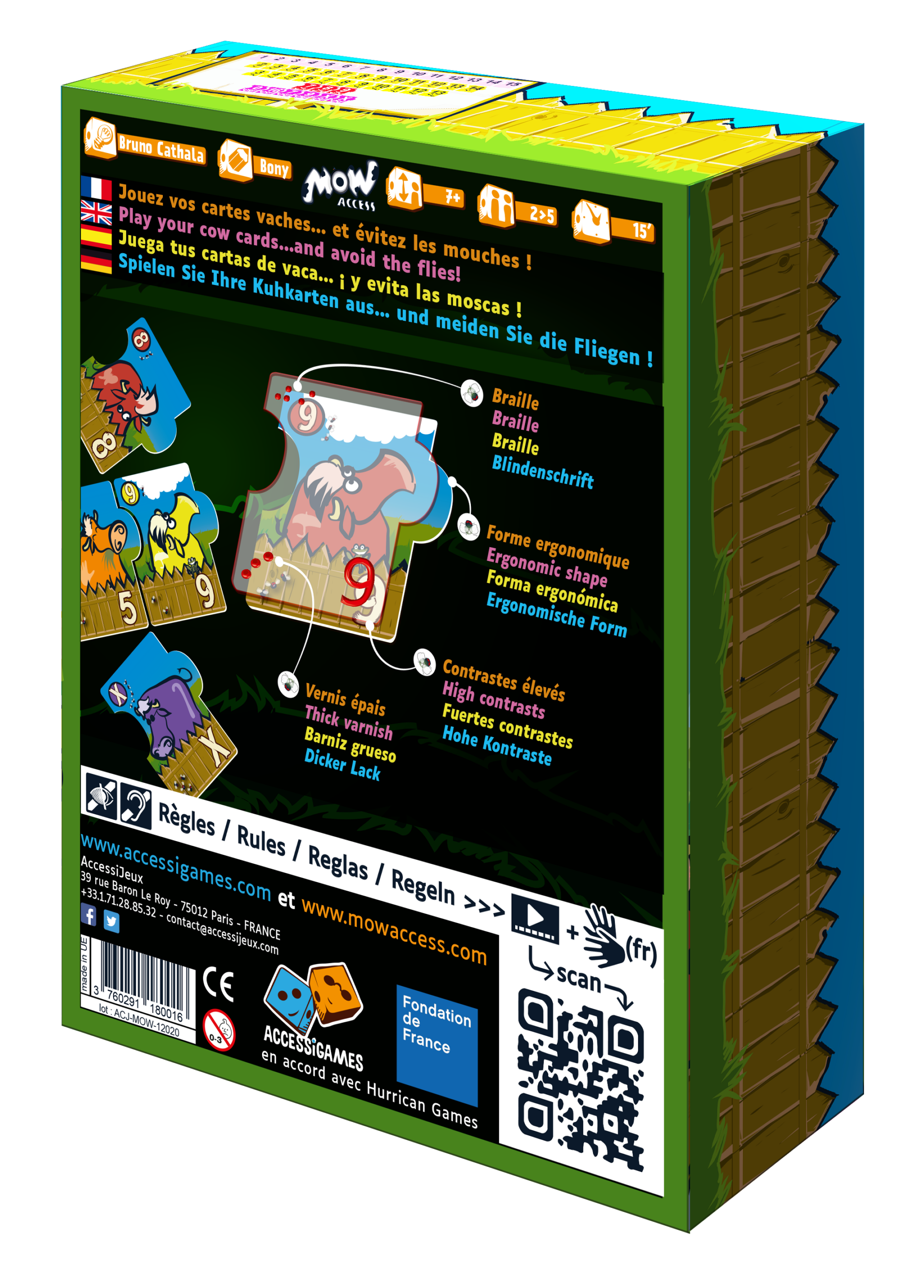 Le dos de la boîte du jeu de cartes Mow montre des vaches en dessin animé, des instructions de jeu en plusieurs langues, des icônes indiquant l'âge et le nombre de joueurs, ainsi que des informations sur le produit avec un code QR et des logos au bas de la boîte.