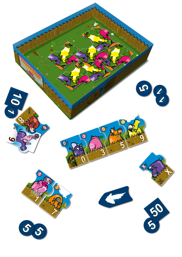 Une boîte ressemblant à un stylo pour animaux contient des pièces de puzzle colorées en forme d'animaux, des jetons chiffres et des cartes avec des animaux et des chiffres alignés devant. D'autres jetons et cartes sont éparpillés autour de la boîte, sur une surface blanche.